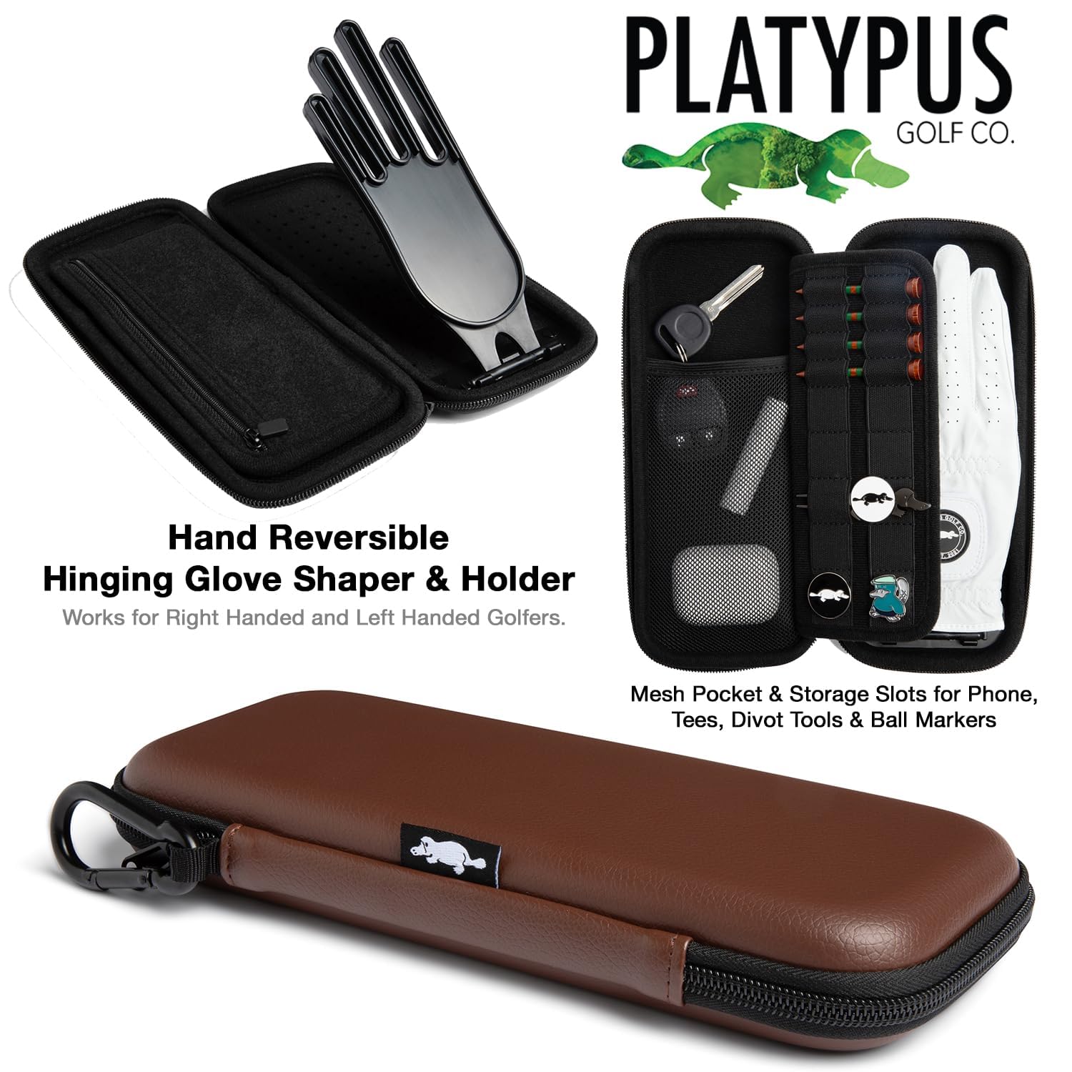Platypus Golf Co. Golfing Caddie EVA Travel Case Organizer with Bamboo Tees & Ball Marker - Hand Reversible Hinging Glove Shaper & Holder, Mesh Pocket & Storage Slots, Golfers Cases for Men & Women