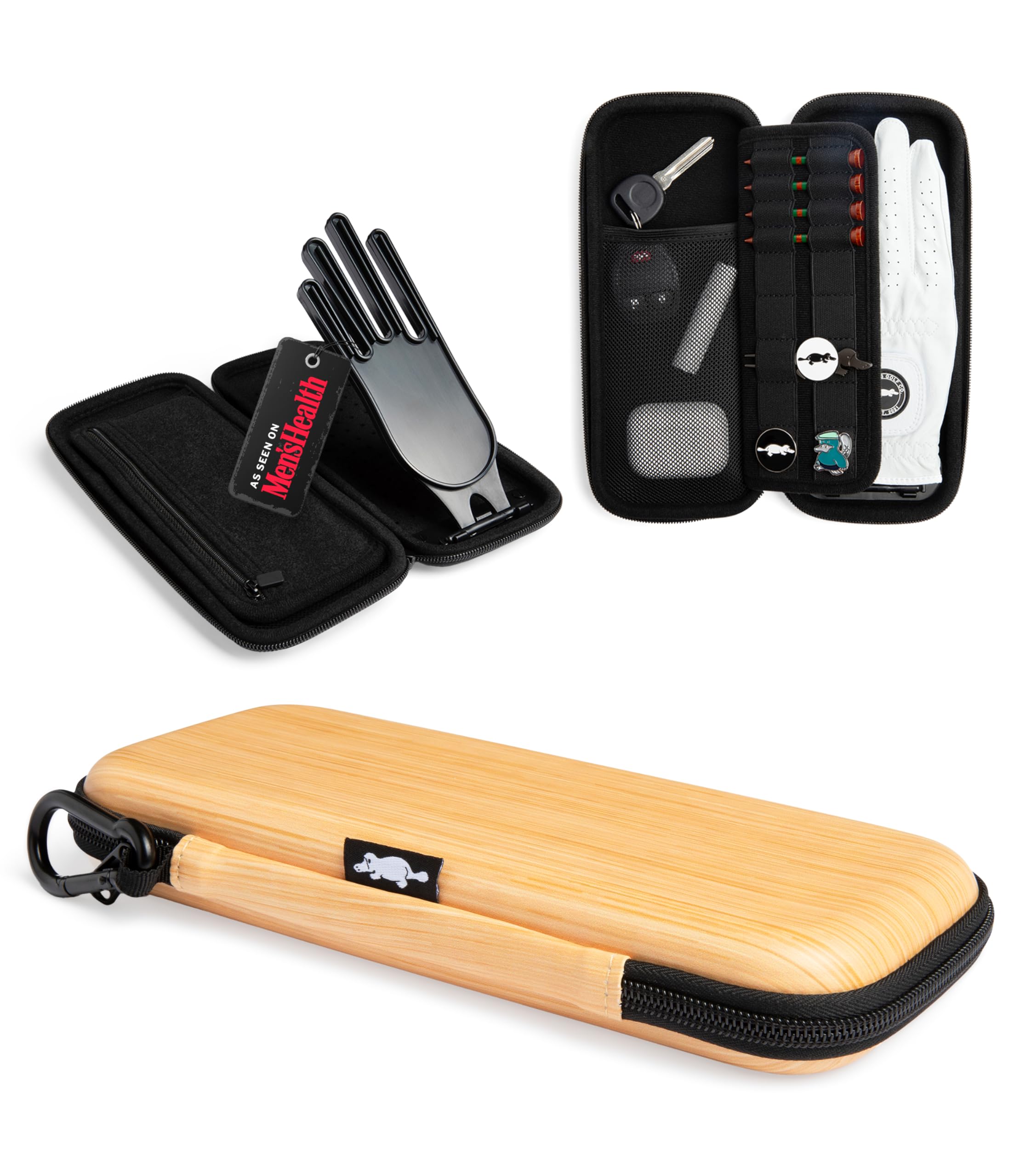 Platypus Golf Co. Golfing Caddie EVA Travel Case Organizer with Bamboo Tees & Ball Marker - Hand Reversible Hinging Glove Shaper & Holder, Mesh Pocket & Storage Slots, Golfers Cases for Men & Women