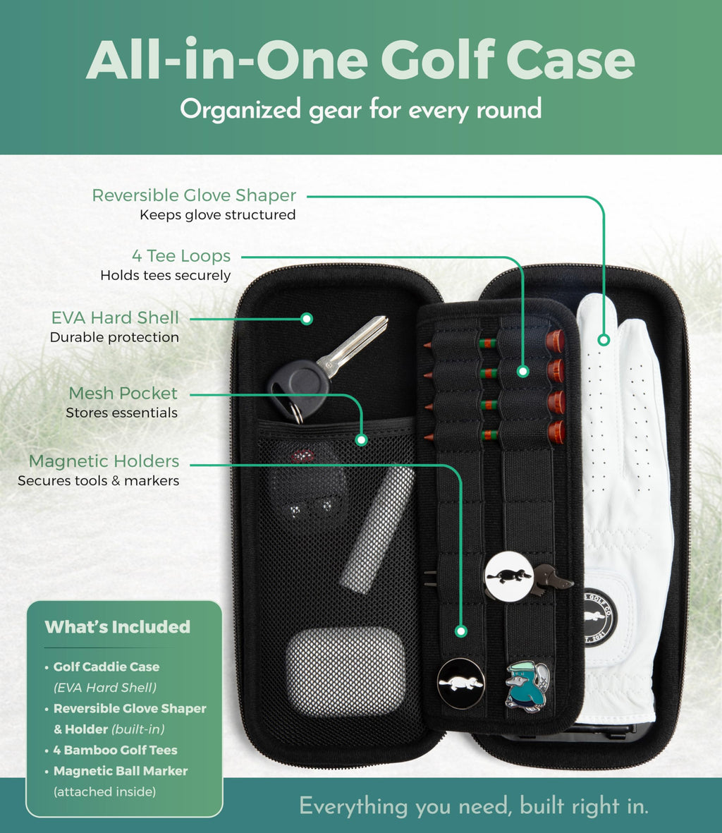 Platypus Golf Co. Golfing Caddie EVA Travel Case Organizer with Bamboo Tees & Ball Marker - Hand Reversible Hinging Glove Shaper & Holder, Mesh Pocket & Storage Slots, Golfers Cases for Men & Women