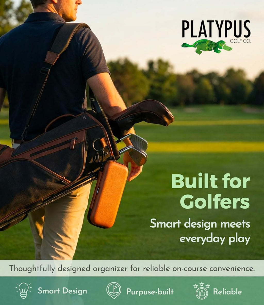Platypus Golf Co. Golfing Caddie EVA Travel Case Organizer with Bamboo Tees & Ball Marker - Hand Reversible Hinging Glove Shaper & Holder, Mesh Pocket & Storage Slots, Golfers Cases for Men & Women