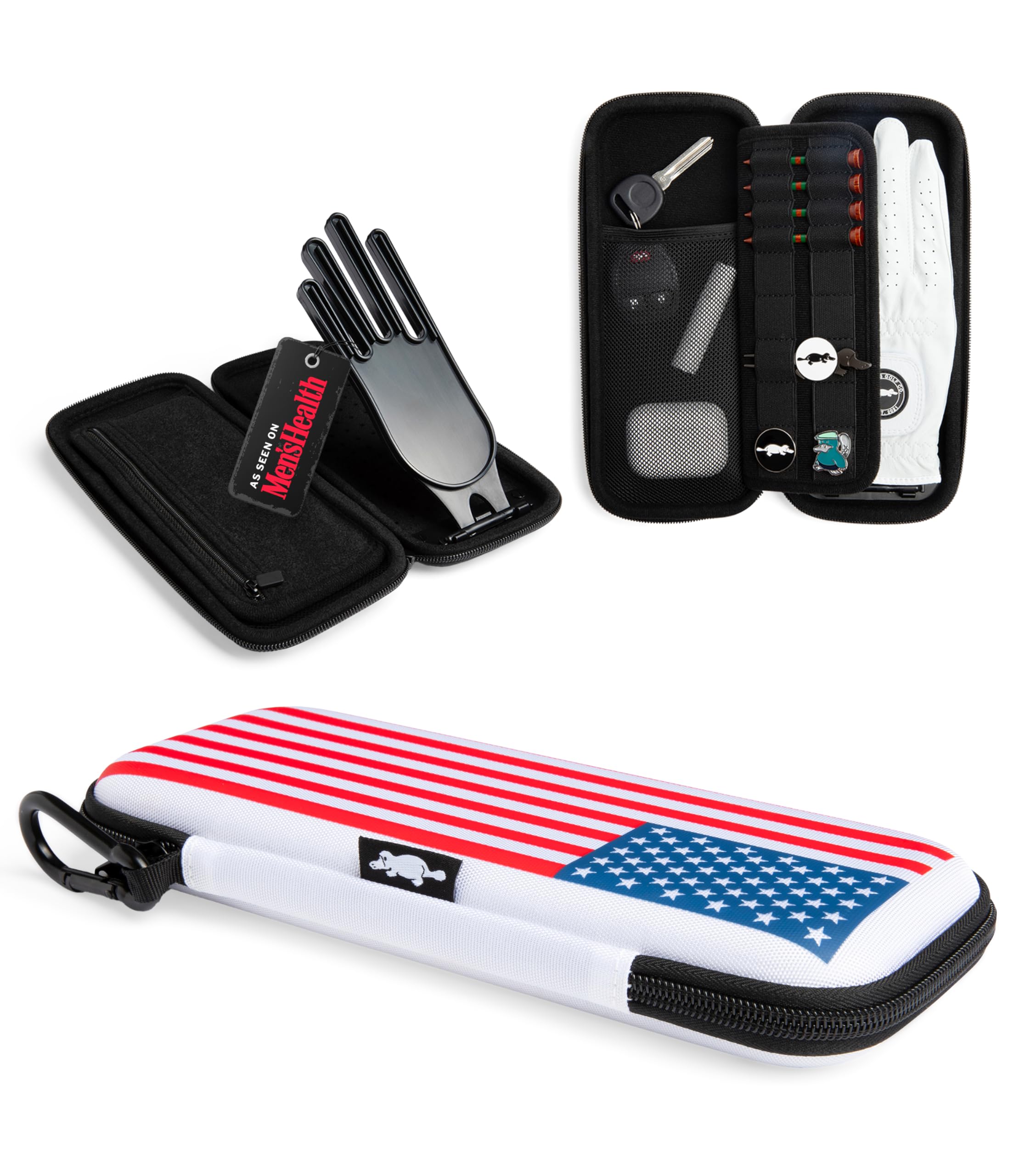 Platypus Golf Co. Golfing Caddie EVA Travel Case Organizer with Bamboo Tees & Ball Marker - Hand Reversible Hinging Glove Shaper & Holder, Mesh Pocket & Storage Slots, Golfers Cases for Men & Women
