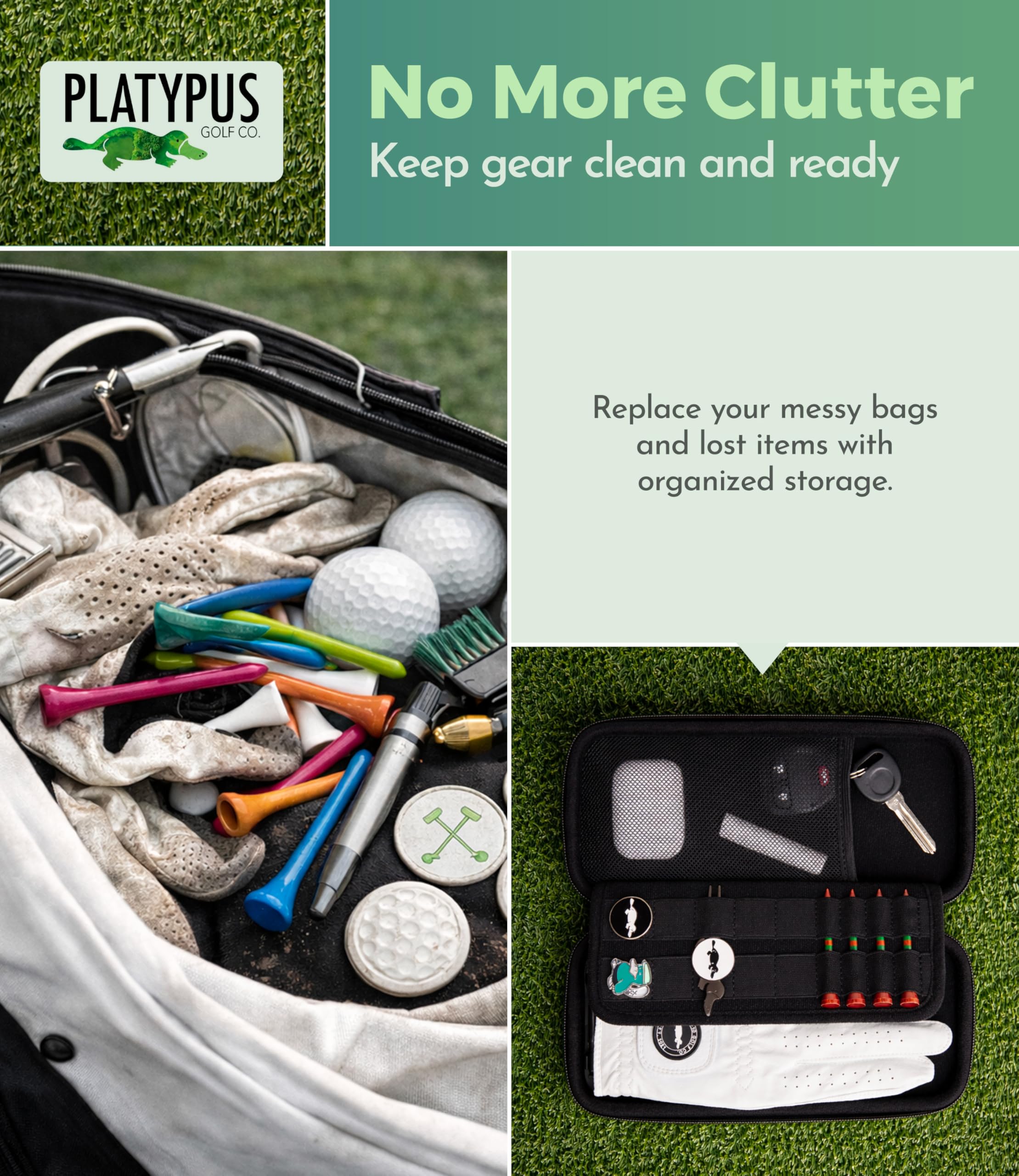 Platypus Golf Co. Golfing Caddie EVA Travel Case Organizer with Bamboo Tees & Ball Marker - Hand Reversible Hinging Glove Shaper & Holder, Mesh Pocket & Storage Slots, Golfers Cases for Men & Women