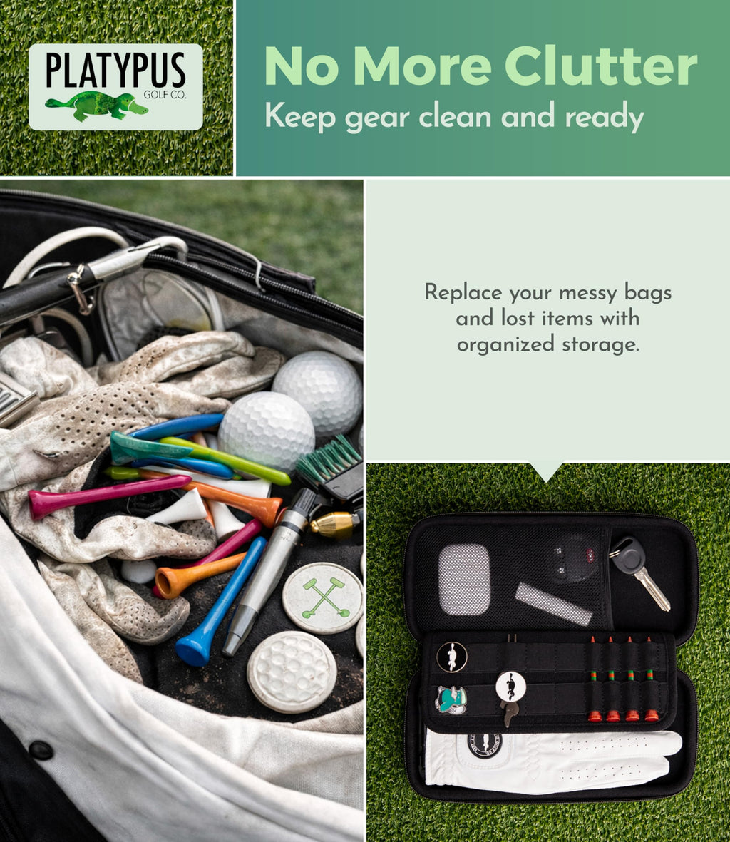 Platypus Golf Co. Golfing Caddie EVA Travel Case Organizer with Bamboo Tees & Ball Marker - Hand Reversible Hinging Glove Shaper & Holder, Mesh Pocket & Storage Slots, Golfers Cases for Men & Women